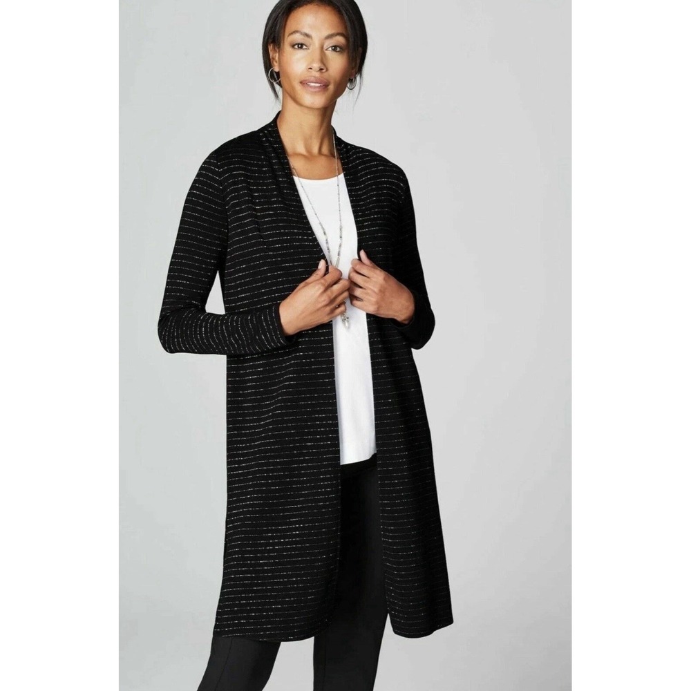 J Jill Wearever Collection Cardigan Size XL Black Metallic Stripe Long Duster
